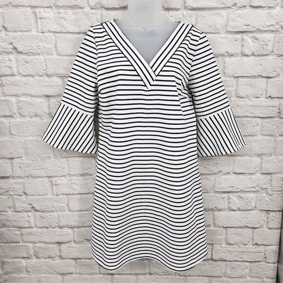 Skies Are Blue Black White Striped V Neck 3/4 Sleeve Tunic Shift Dress Women's M - Picture 1 of 12